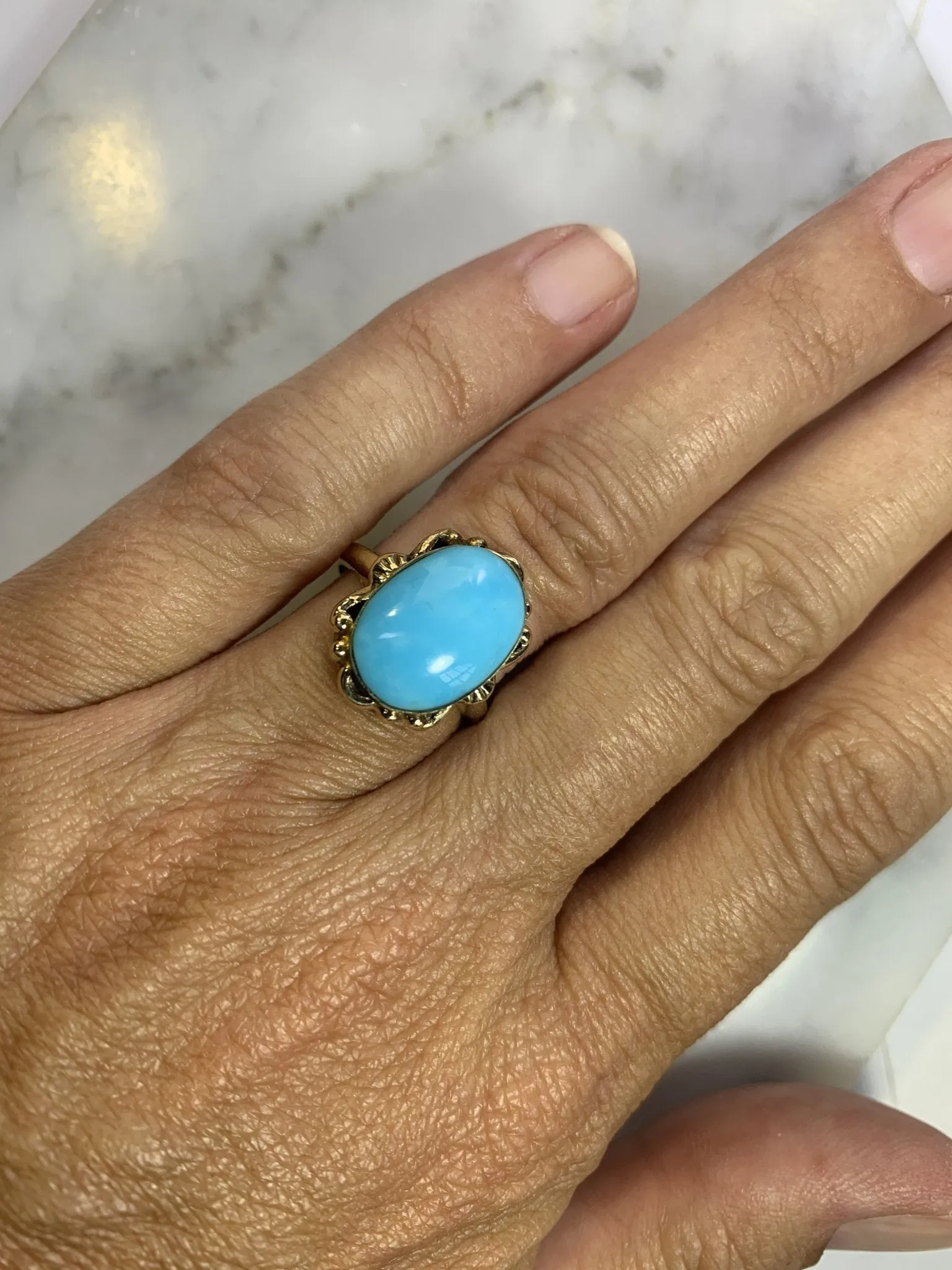 1920s Blue Turquoise Ring in 10K Yellow Gold Setting. Estate Fine Jewelry.  December Birthstone.