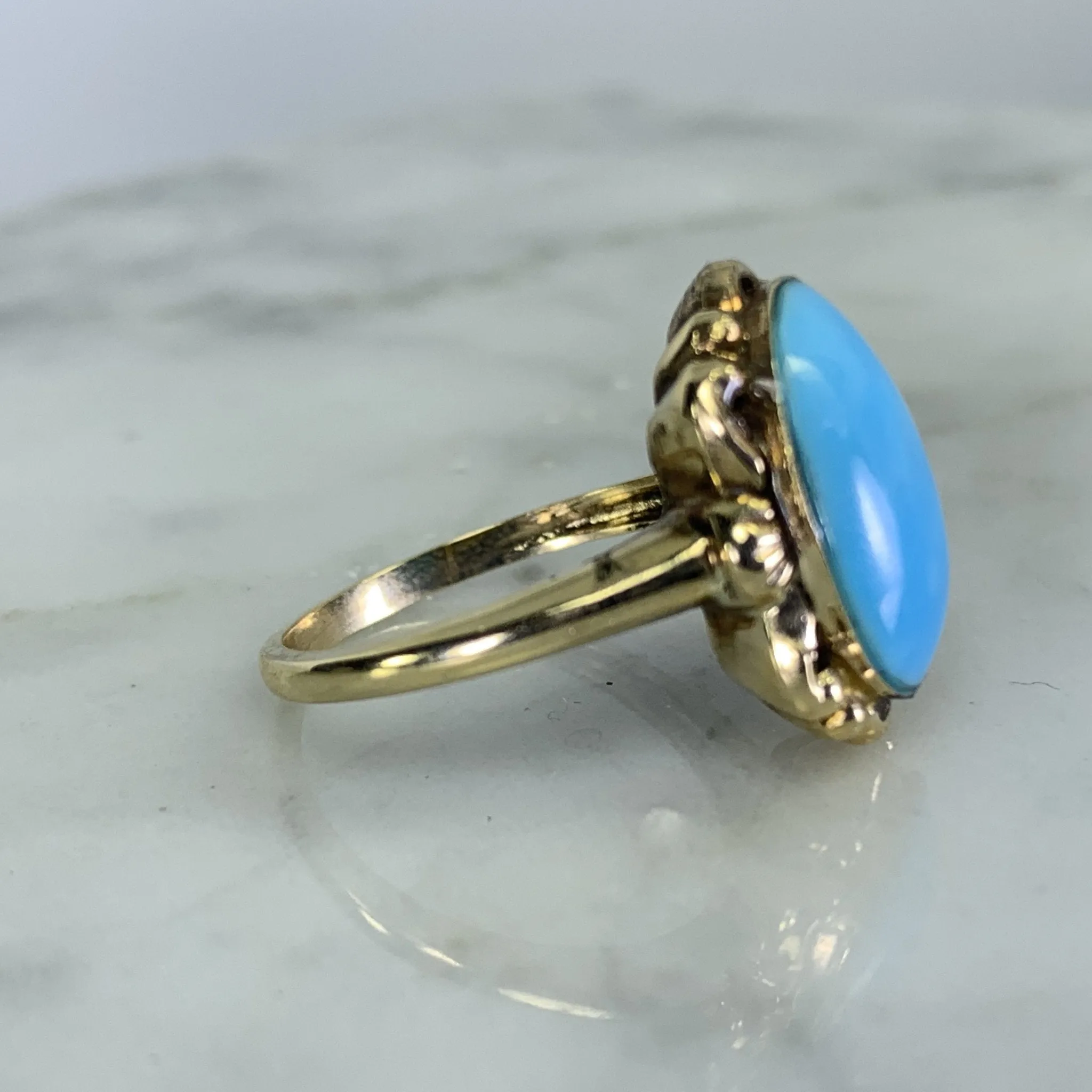 1920s Blue Turquoise Ring in 10K Yellow Gold Setting. Estate Fine Jewelry.  December Birthstone.