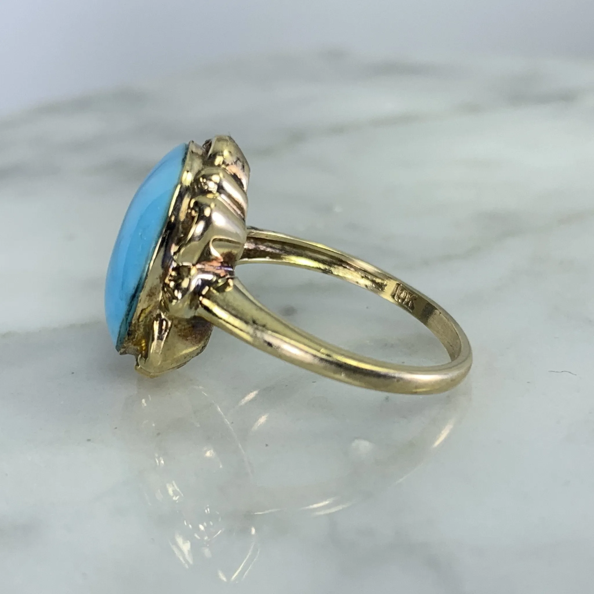 1920s Blue Turquoise Ring in 10K Yellow Gold Setting. Estate Fine Jewelry.  December Birthstone.