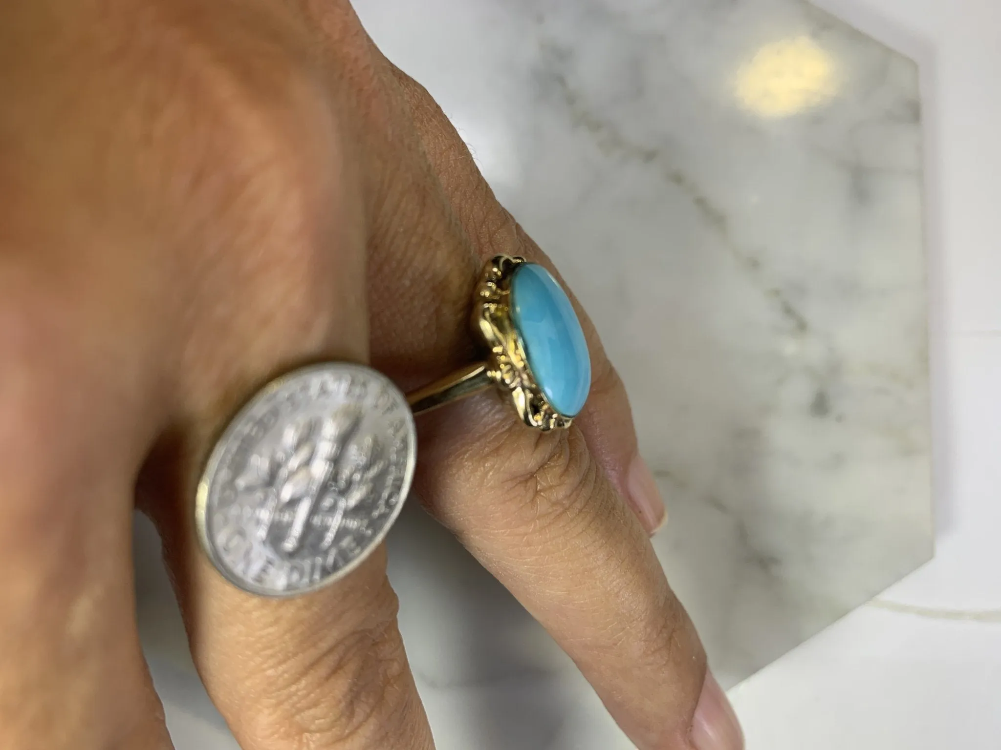 1920s Blue Turquoise Ring in 10K Yellow Gold Setting. Estate Fine Jewelry.  December Birthstone.