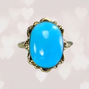 1920s Blue Turquoise Ring in 10K Yellow Gold Setting. Estate Fine Jewelry.  December Birthstone.