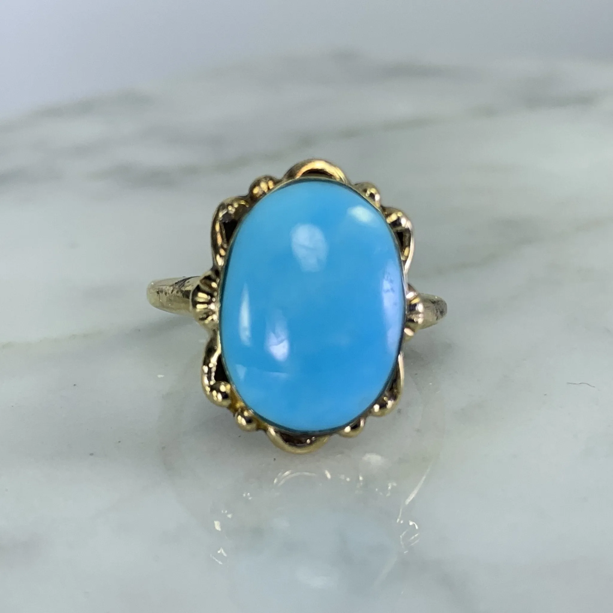 1920s Blue Turquoise Ring in 10K Yellow Gold Setting. Estate Fine Jewelry.  December Birthstone.