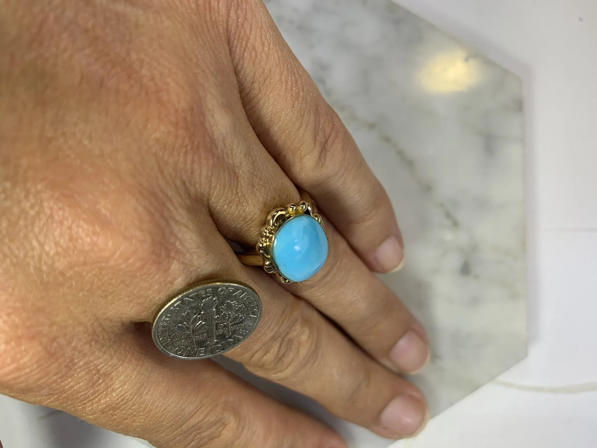 1920s Blue Turquoise Ring in 10K Yellow Gold Setting. Estate Fine Jewelry.  December Birthstone.