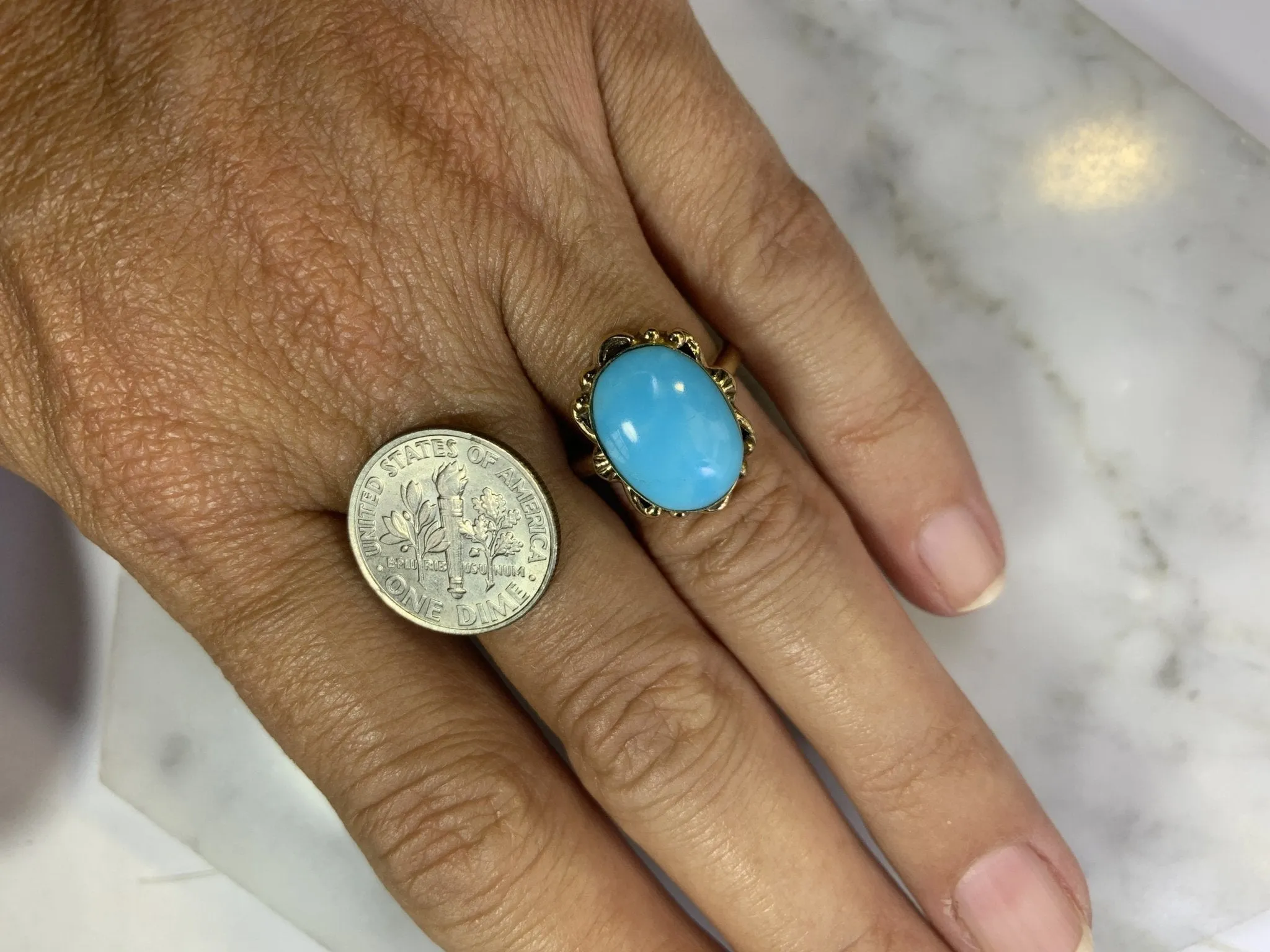 1920s Blue Turquoise Ring in 10K Yellow Gold Setting. Estate Fine Jewelry.  December Birthstone.