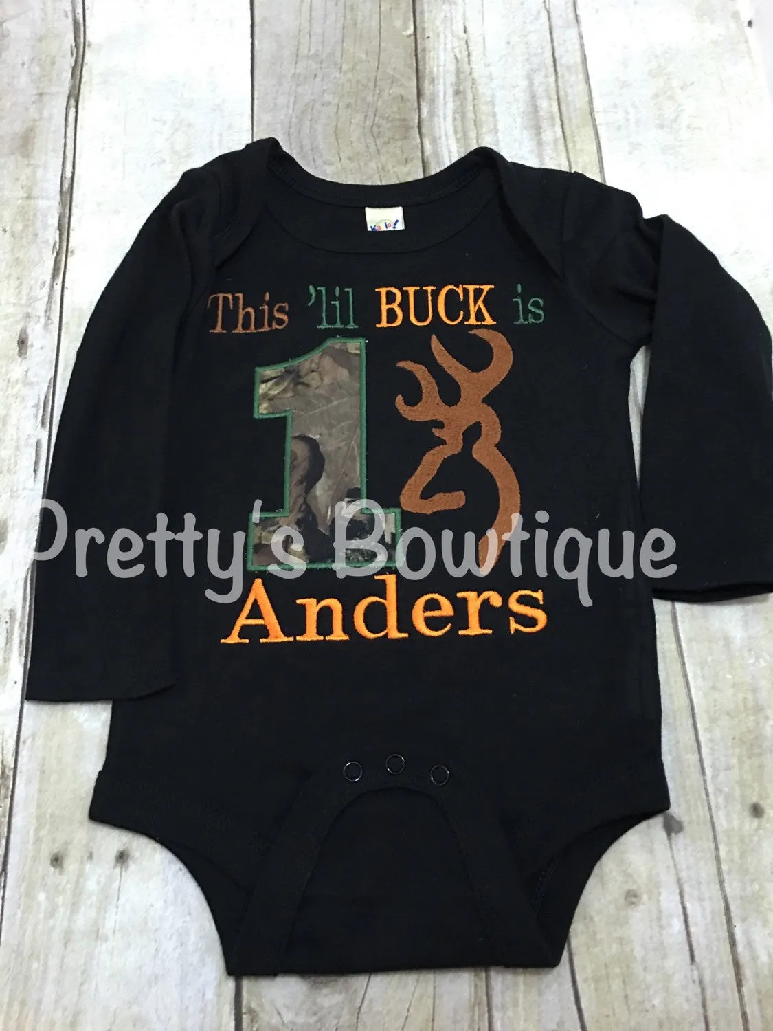 1st Birthday Camo Boy Bodysuit / T Shirt Customizable for Any Age, Personalized with Name -- This lil Buck is one