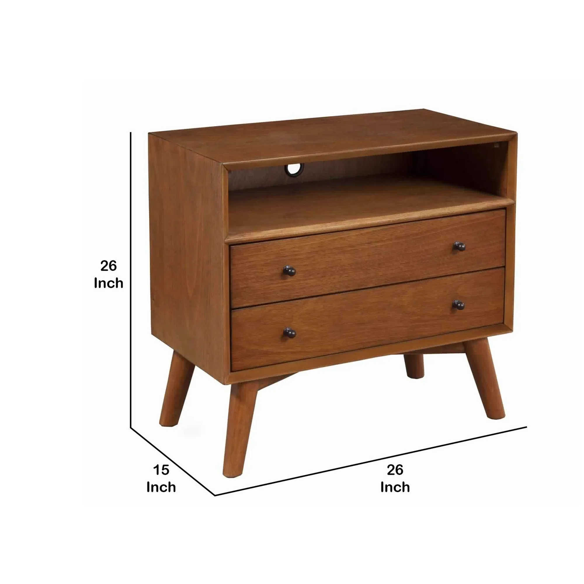 2 Drawer Wooden Nightstand With Open Compartment And Splayed Legs, Brown By Benzara