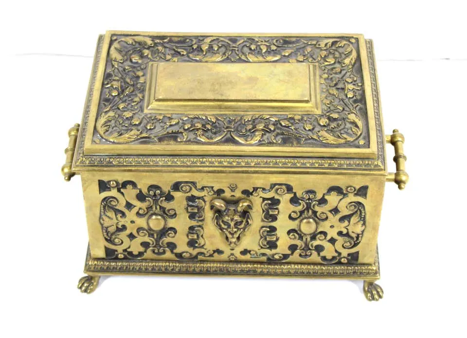 American Aesthetic Movement Ornate Cast Bronze Casket Humidor Box with Grotesque