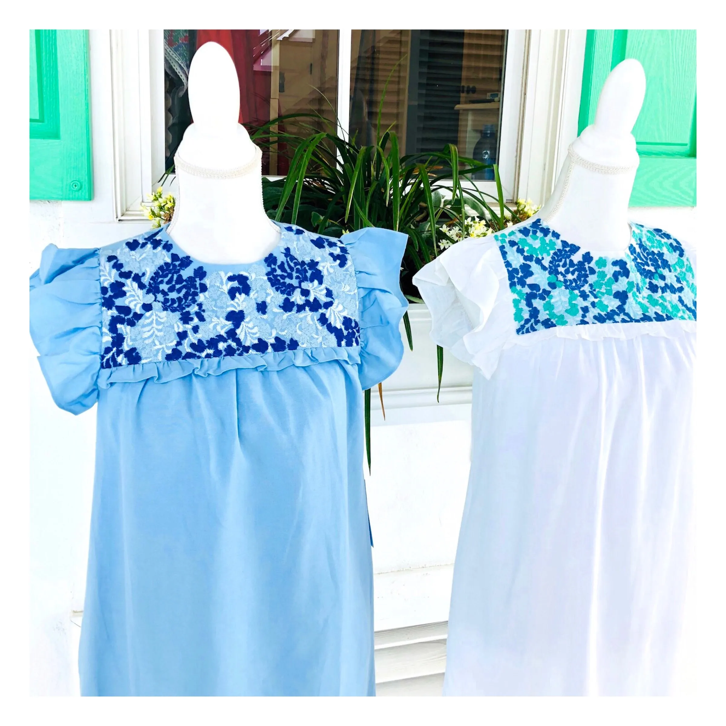 Baby Blue with White & Cerulean Blue Flutter Sleeve Embroidered Textile Linen Blend Shift Dress with Ruffle Bust & Keyhole Back