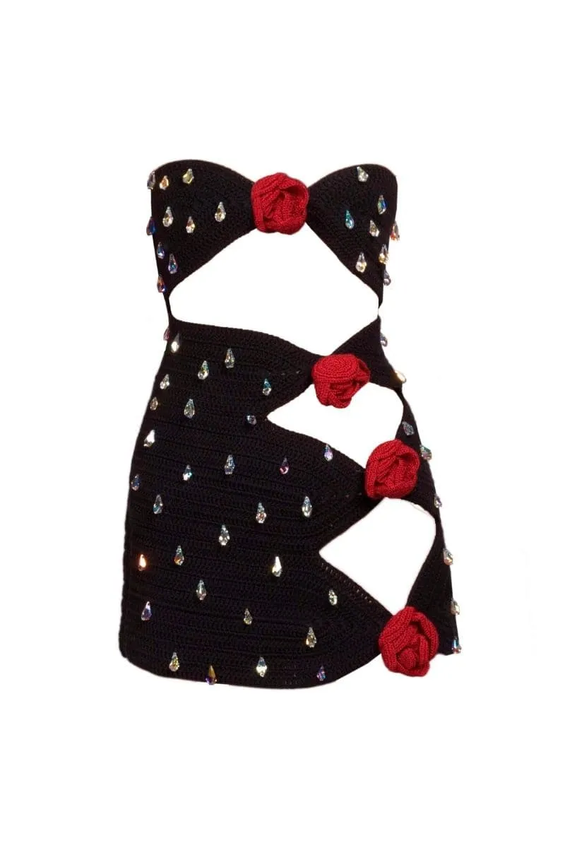 BLACK ANTONIO ROSE EMBELLISHED MINI DRESS