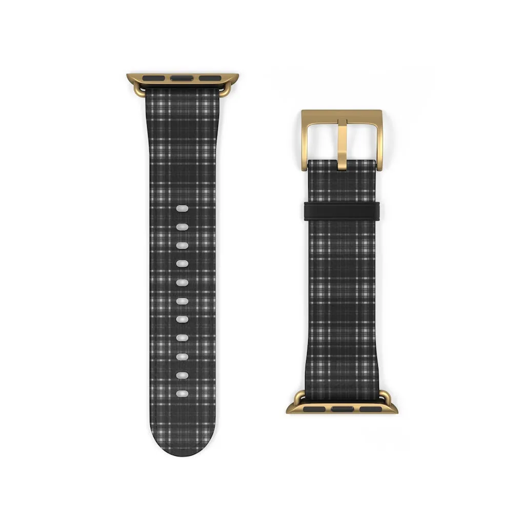 Black Gray Plaid Apple Watch Band, Tartan Print 38mm/42mm Watch Band - Made in USA