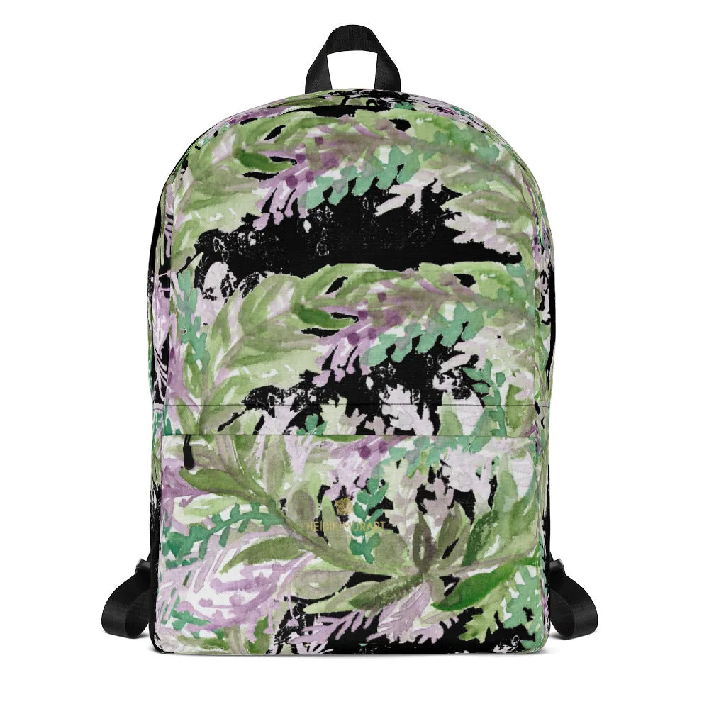 Black Lavender Backpack, Floral Print Women's Laptop Travel Commuters Bag-Made in USA/EU