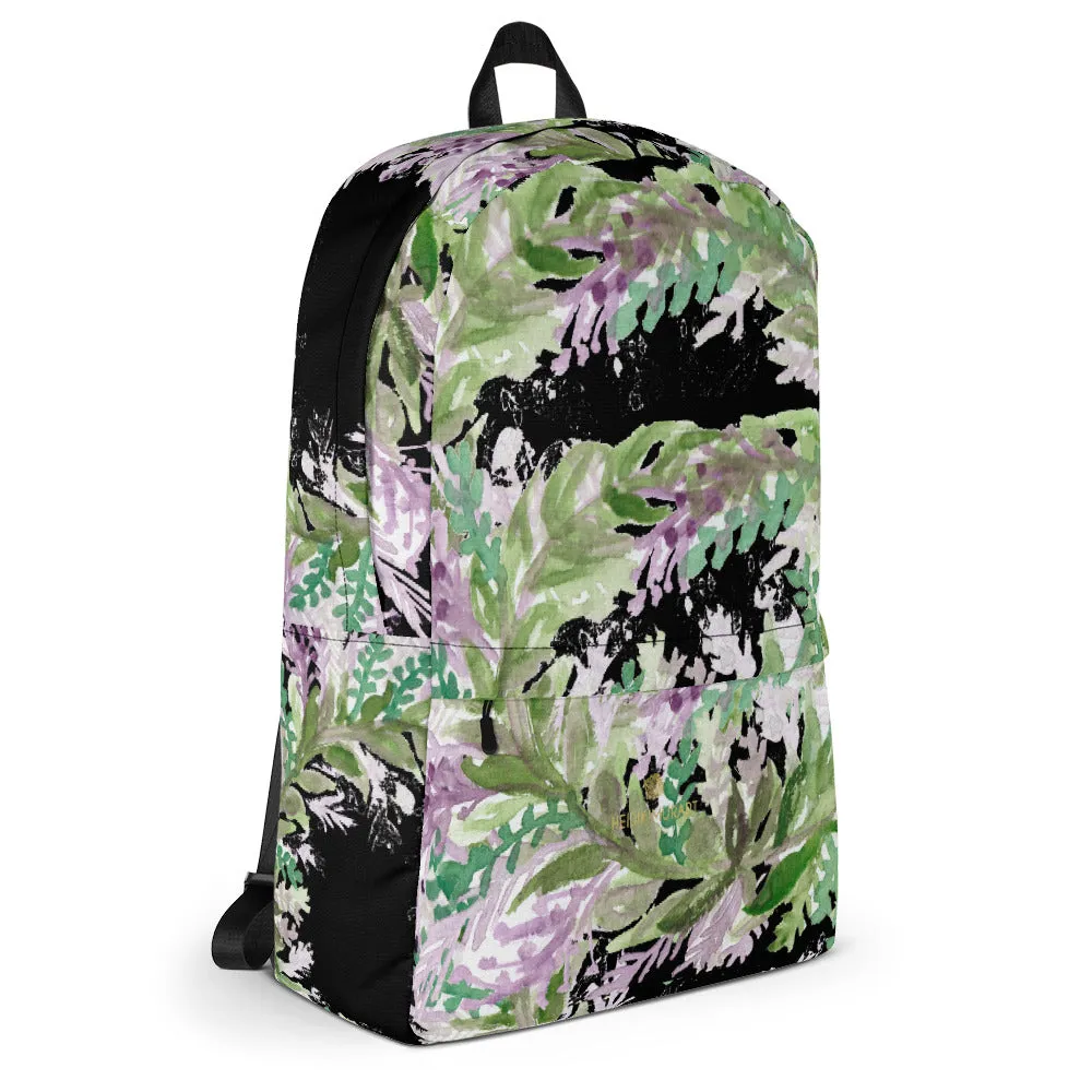 Black Lavender Backpack, Floral Print Women's Laptop Travel Commuters Bag-Made in USA/EU