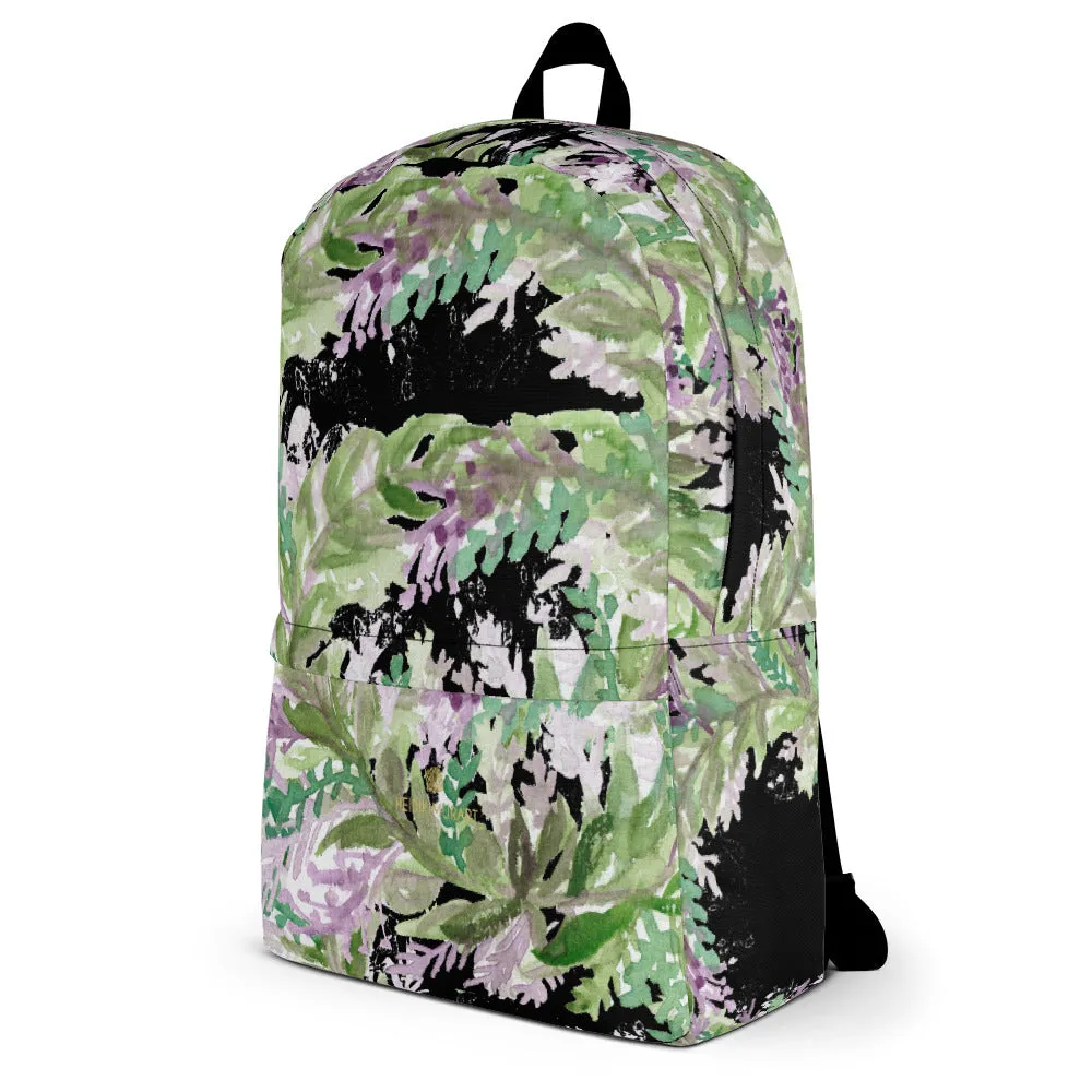 Black Lavender Backpack, Floral Print Women's Laptop Travel Commuters Bag-Made in USA/EU