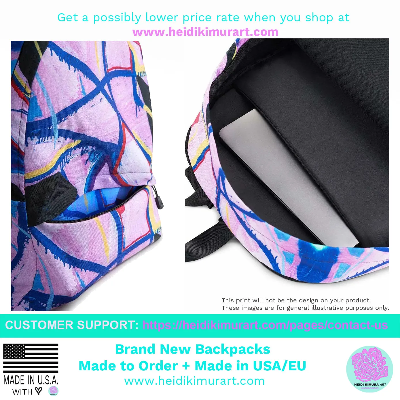 Black Lavender Backpack, Floral Print Women's Laptop Travel Commuters Bag-Made in USA/EU