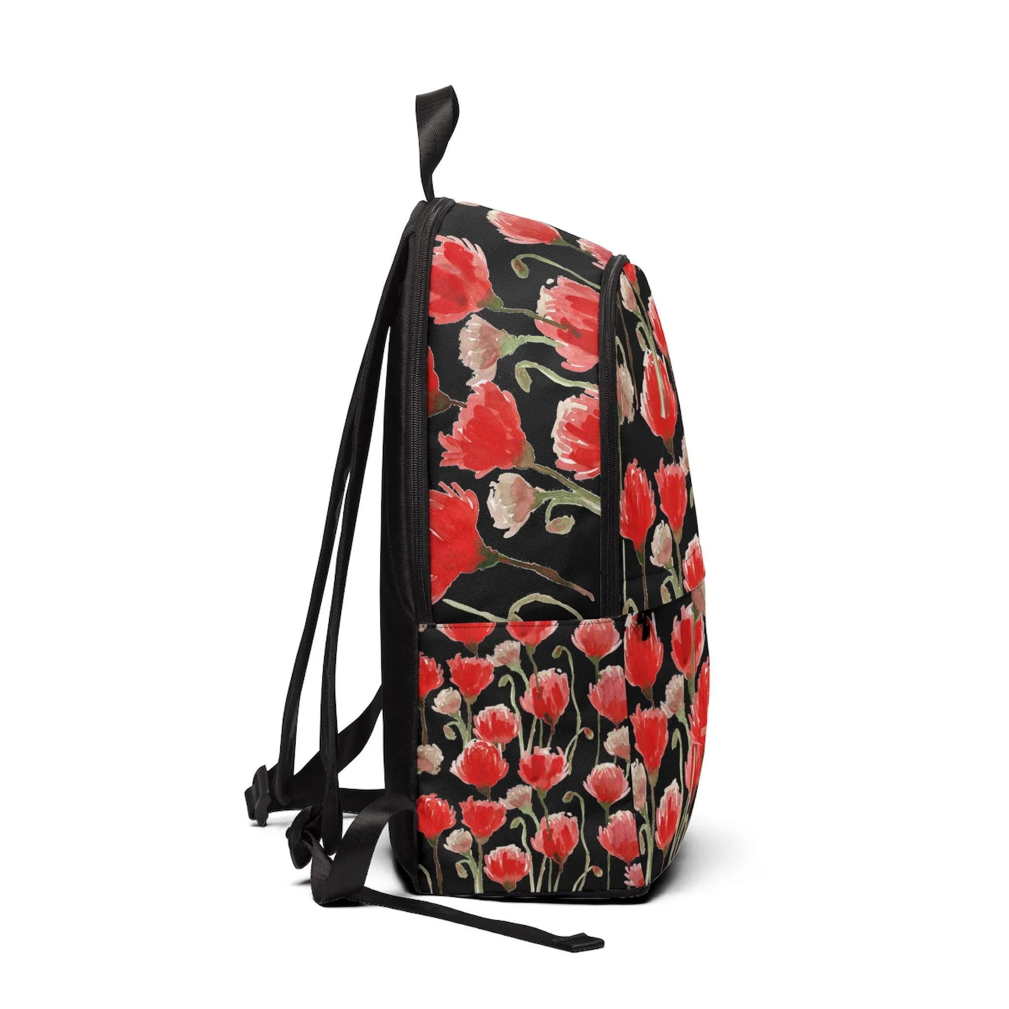 Black Red Poppy Floral Backpack, Flower Print Designer Women's School Laptop Bag