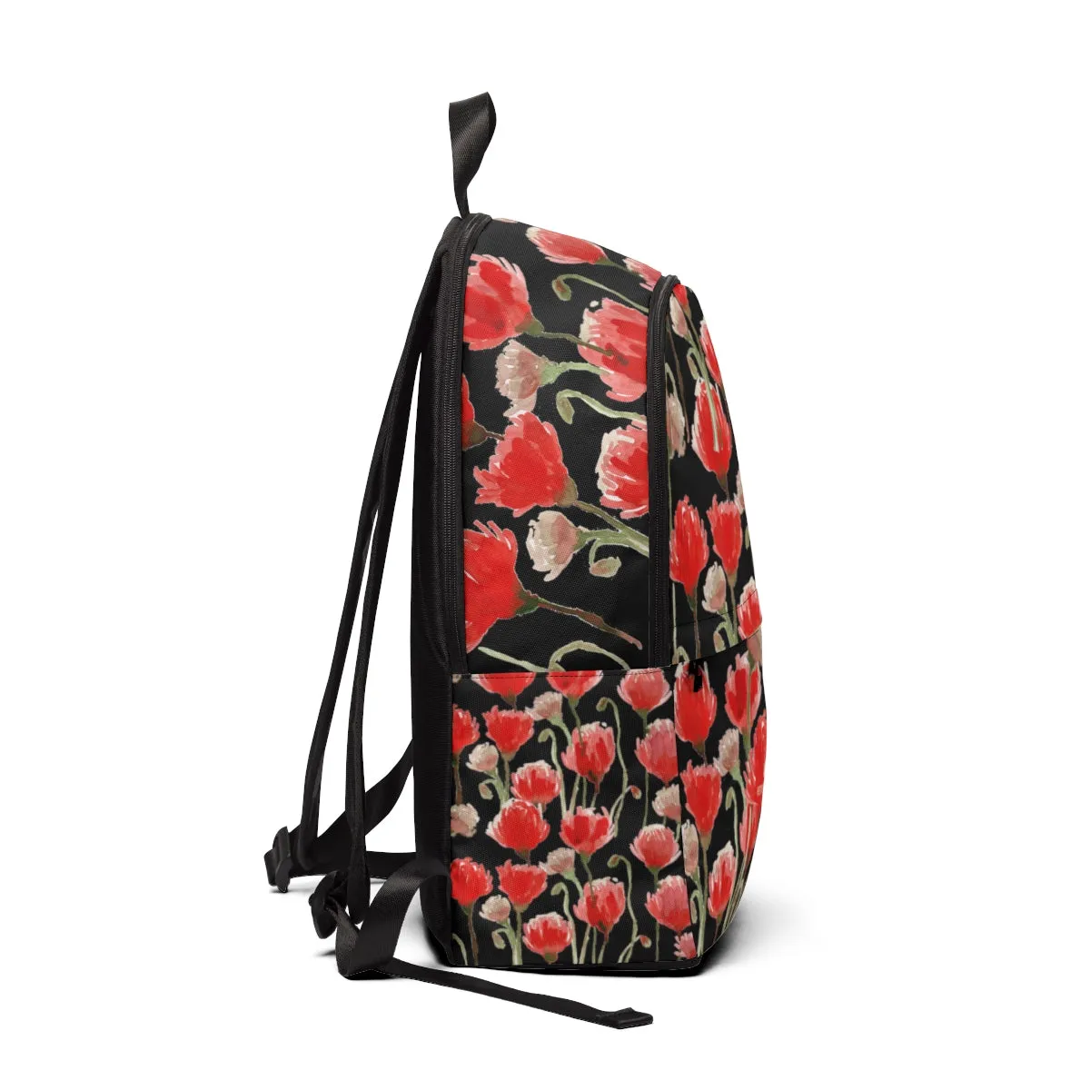 Black Red Poppy Floral Backpack, Flower Print Designer Women's School Laptop Bag