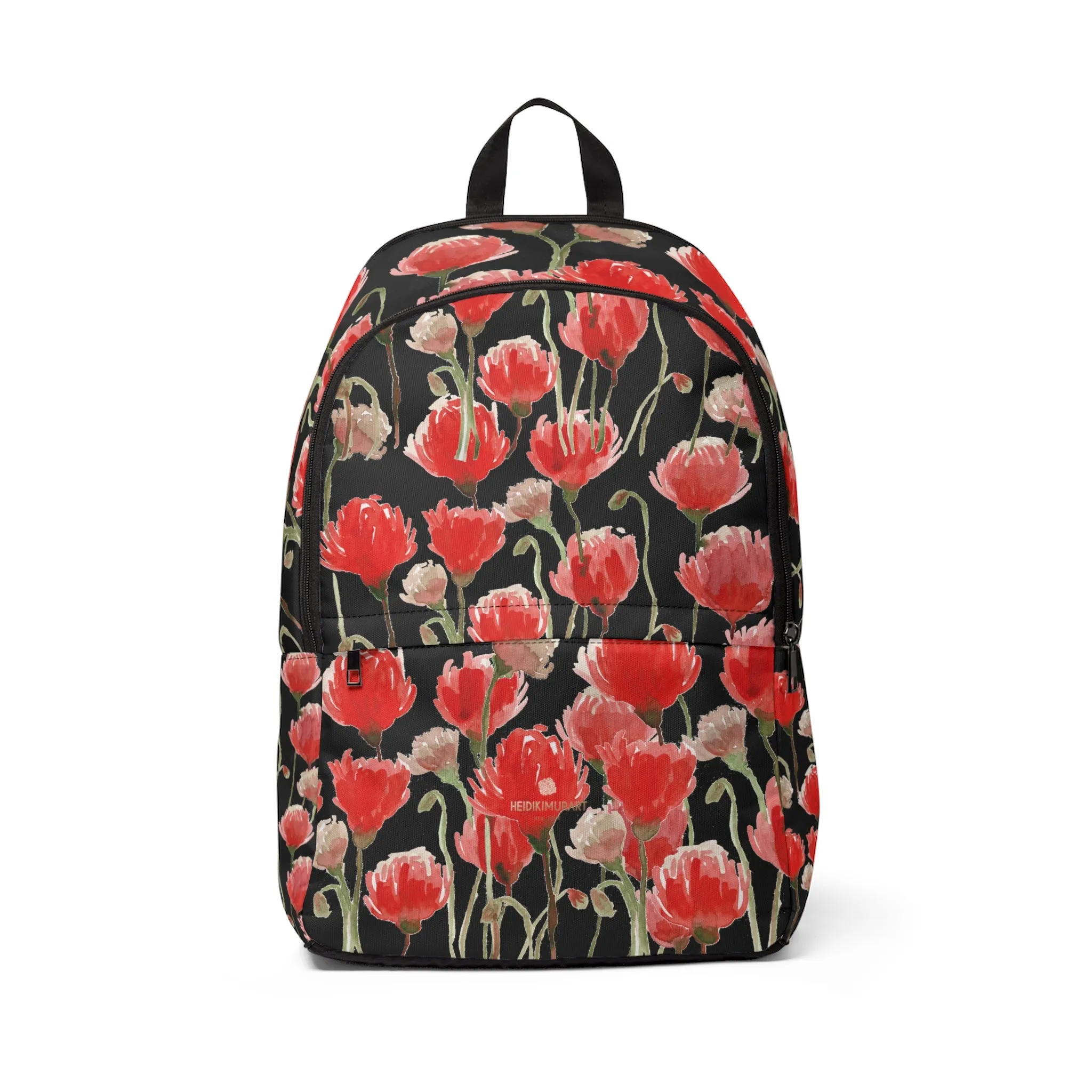 Black Red Poppy Floral Backpack, Flower Print Designer Women's School Laptop Bag