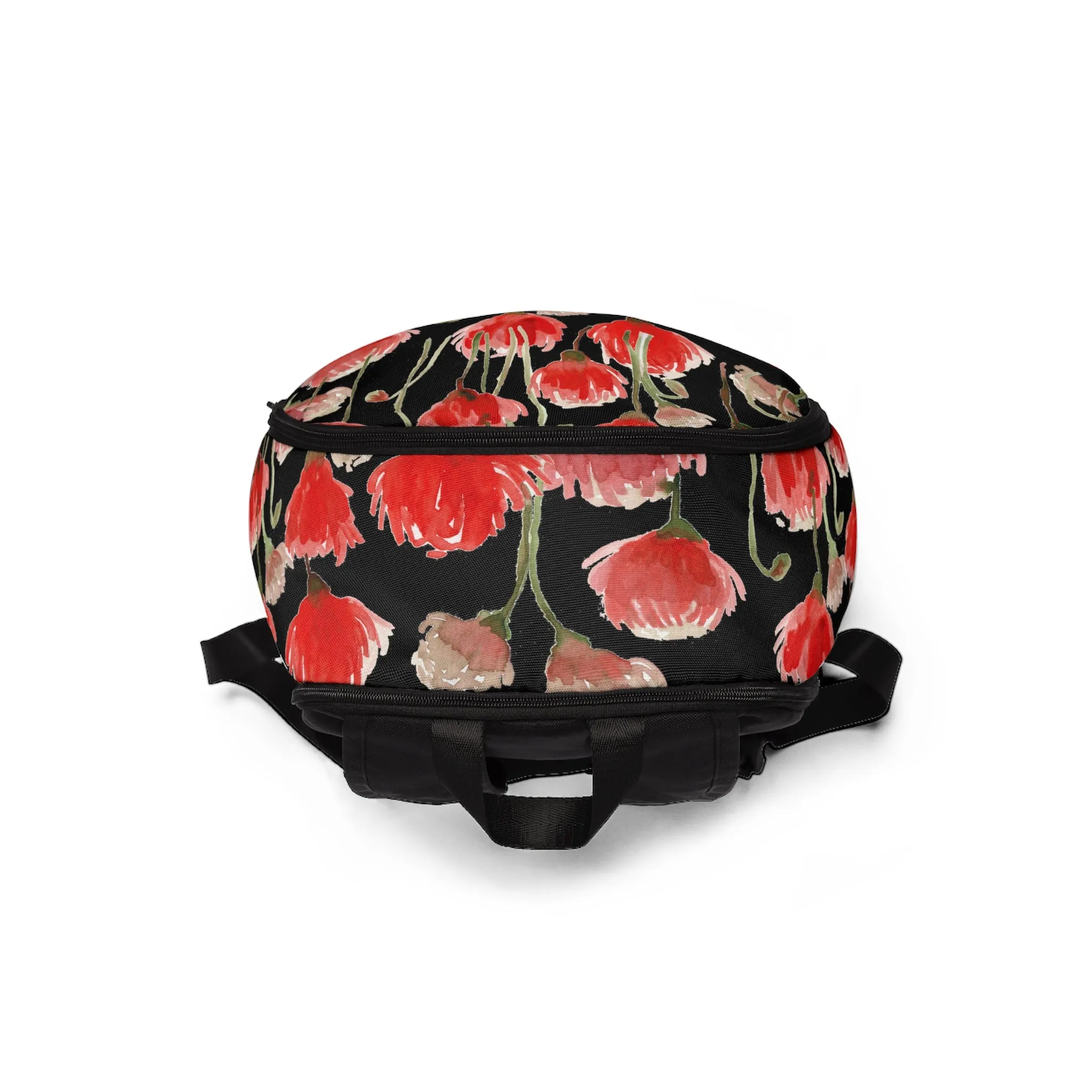 Black Red Poppy Floral Backpack, Flower Print Designer Women's School Laptop Bag