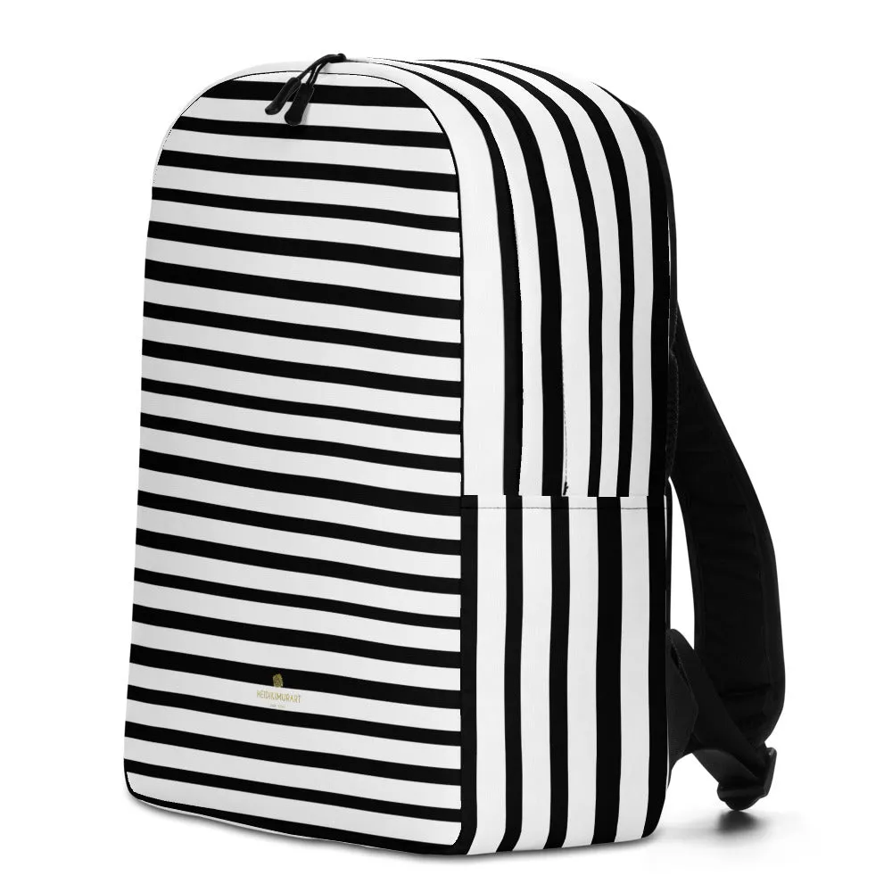 Black Striped Backpack, White Horizontal Stripe Minimalist Best Laptop Bag- Made in EU