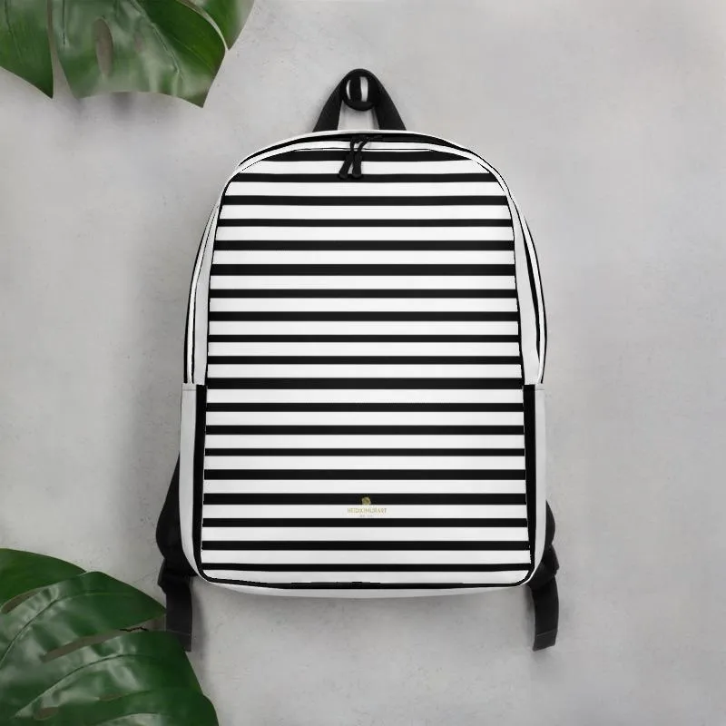 Black Striped Backpack, White Horizontal Stripe Minimalist Best Laptop Bag- Made in EU