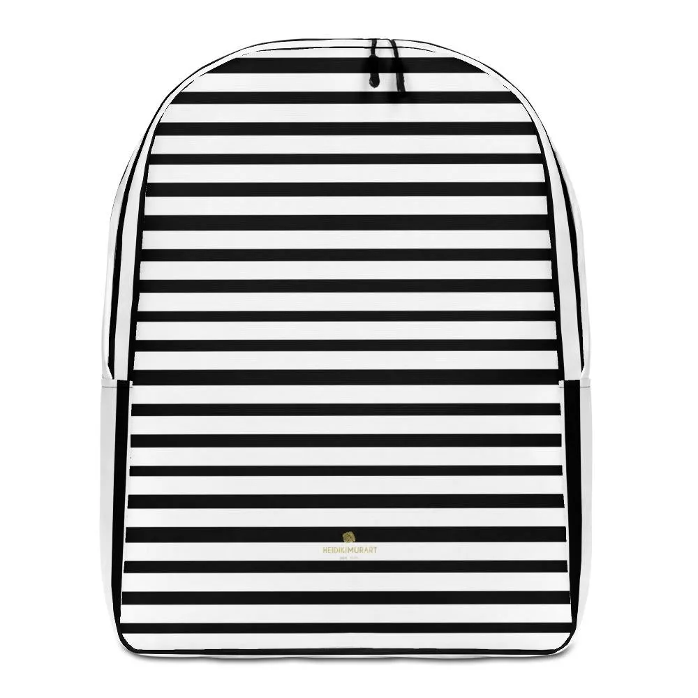 Black Striped Backpack, White Horizontal Stripe Minimalist Best Laptop Bag- Made in EU