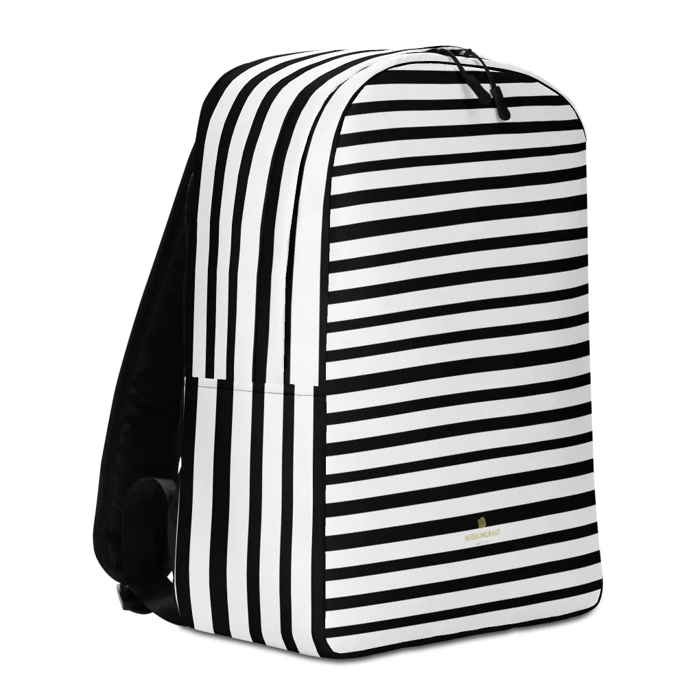 Black Striped Backpack, White Horizontal Stripe Minimalist Best Laptop Bag- Made in EU