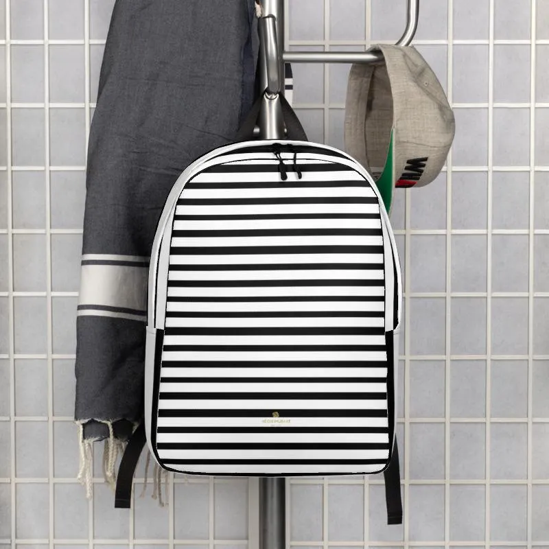 Black Striped Backpack, White Horizontal Stripe Minimalist Best Laptop Bag- Made in EU