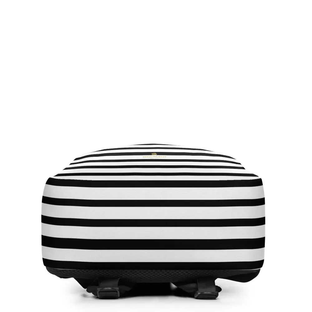 Black Striped Backpack, White Horizontal Stripe Minimalist Best Laptop Bag- Made in EU