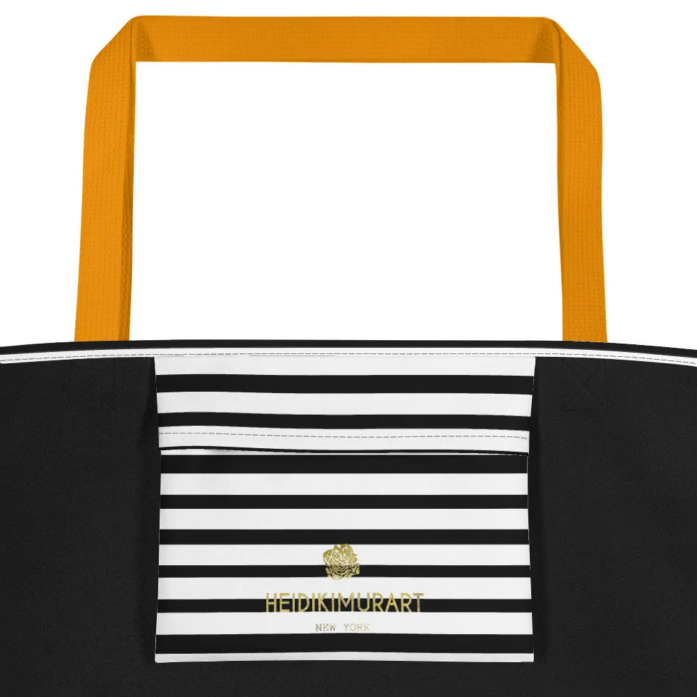 Black Striped Tote Bag, Horizontal Stripe 16"x20" Large Beach Tote Bag- Made in USA/EU