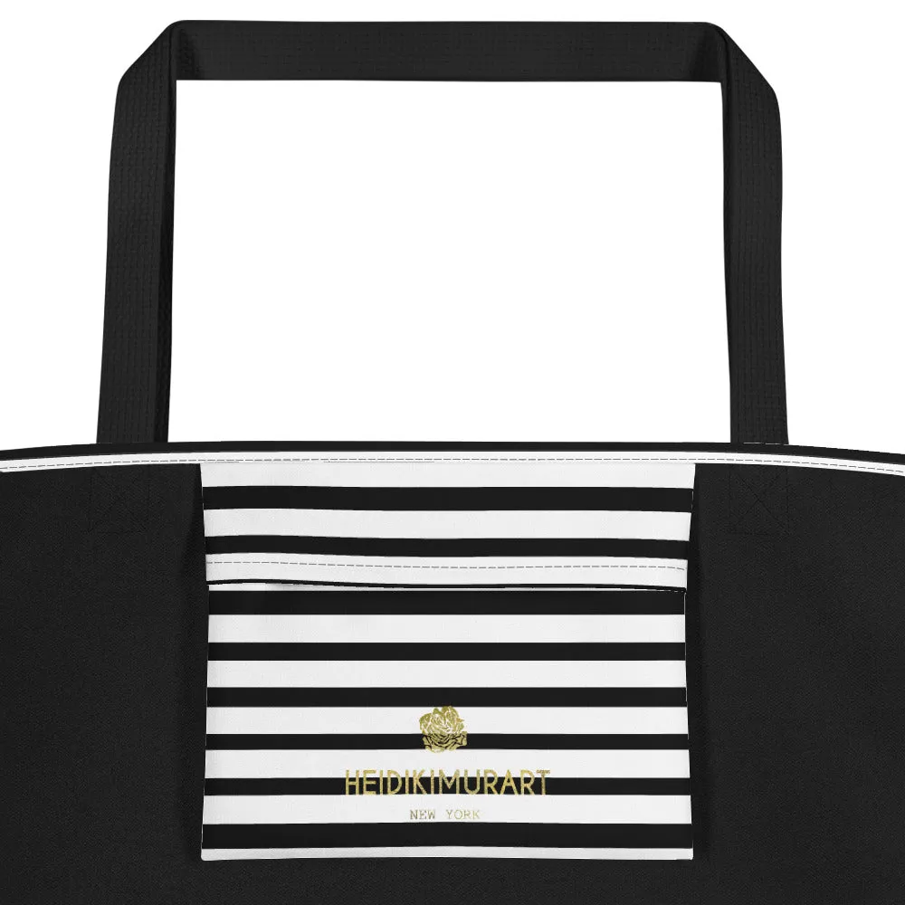 Black Striped Tote Bag, Horizontal Stripe 16"x20" Large Beach Tote Bag- Made in USA/EU