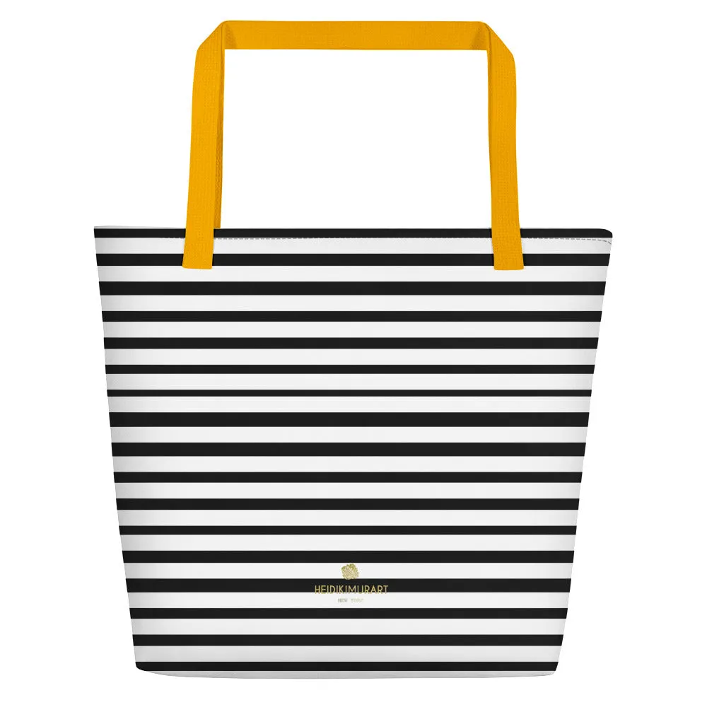 Black Striped Tote Bag, Horizontal Stripe 16"x20" Large Beach Tote Bag- Made in USA/EU