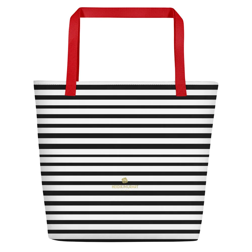 Black Striped Tote Bag, Horizontal Stripe 16"x20" Large Beach Tote Bag- Made in USA/EU