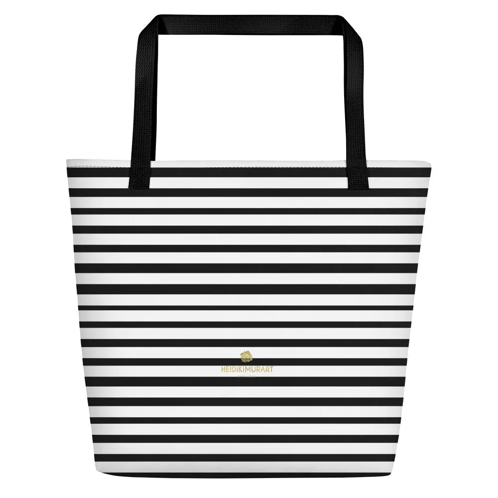 Black Striped Tote Bag, Horizontal Stripe 16"x20" Large Beach Tote Bag- Made in USA/EU