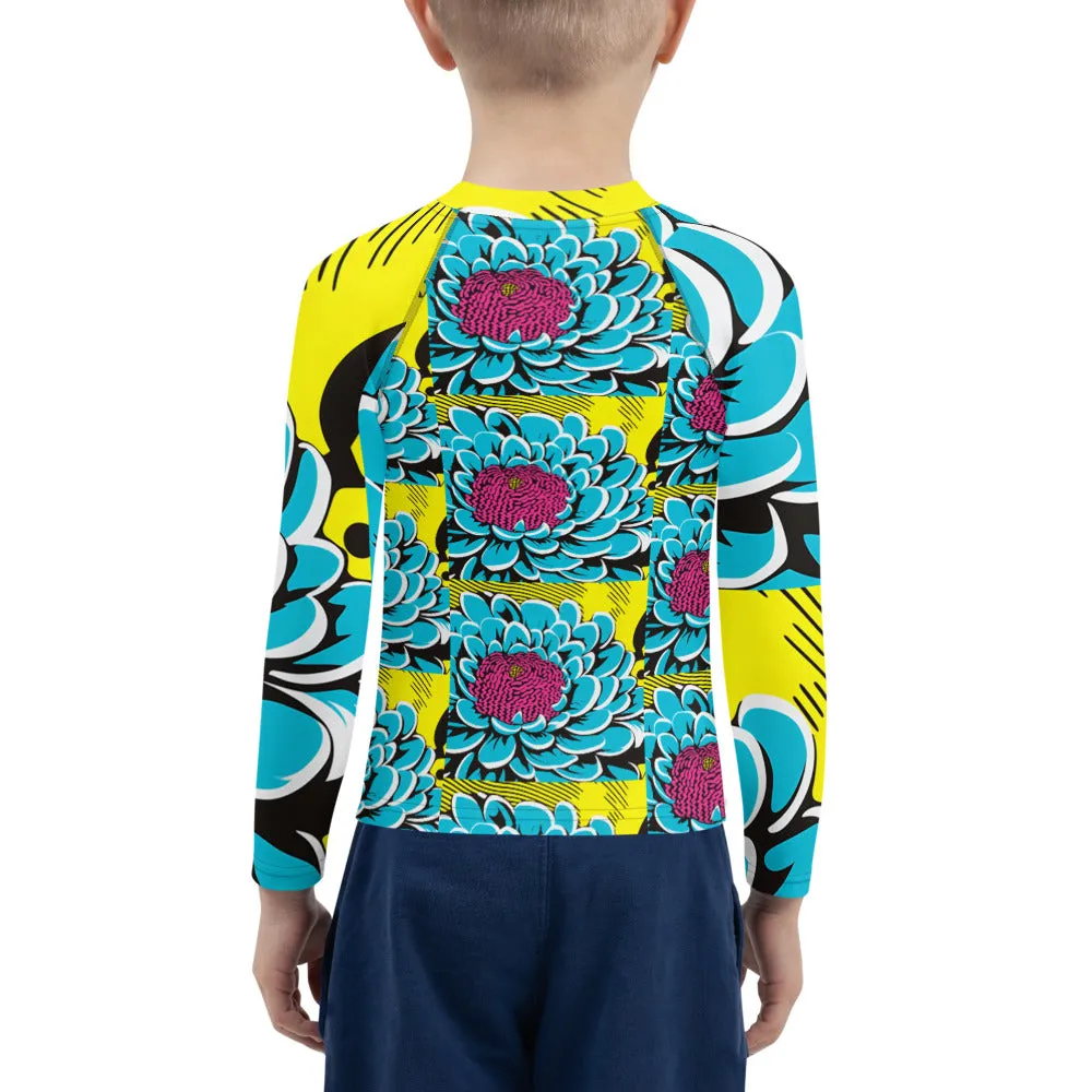 Boy's Pop Art BJJ Long Sleeve Rash Guards - Roy Lichtenstein Inspired Dahlia Print 002