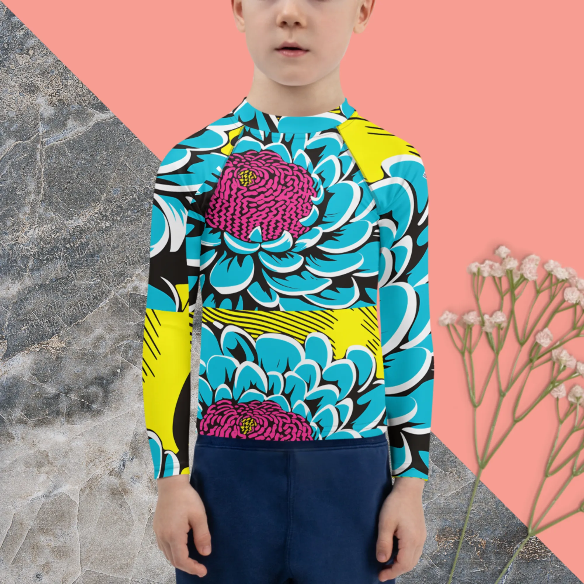 Boy's Pop Art BJJ Long Sleeve Rash Guards - Roy Lichtenstein Inspired Dahlia Print 002