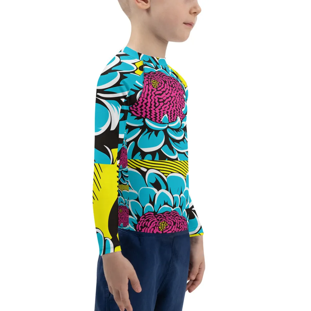 Boy's Pop Art BJJ Long Sleeve Rash Guards - Roy Lichtenstein Inspired Dahlia Print 002