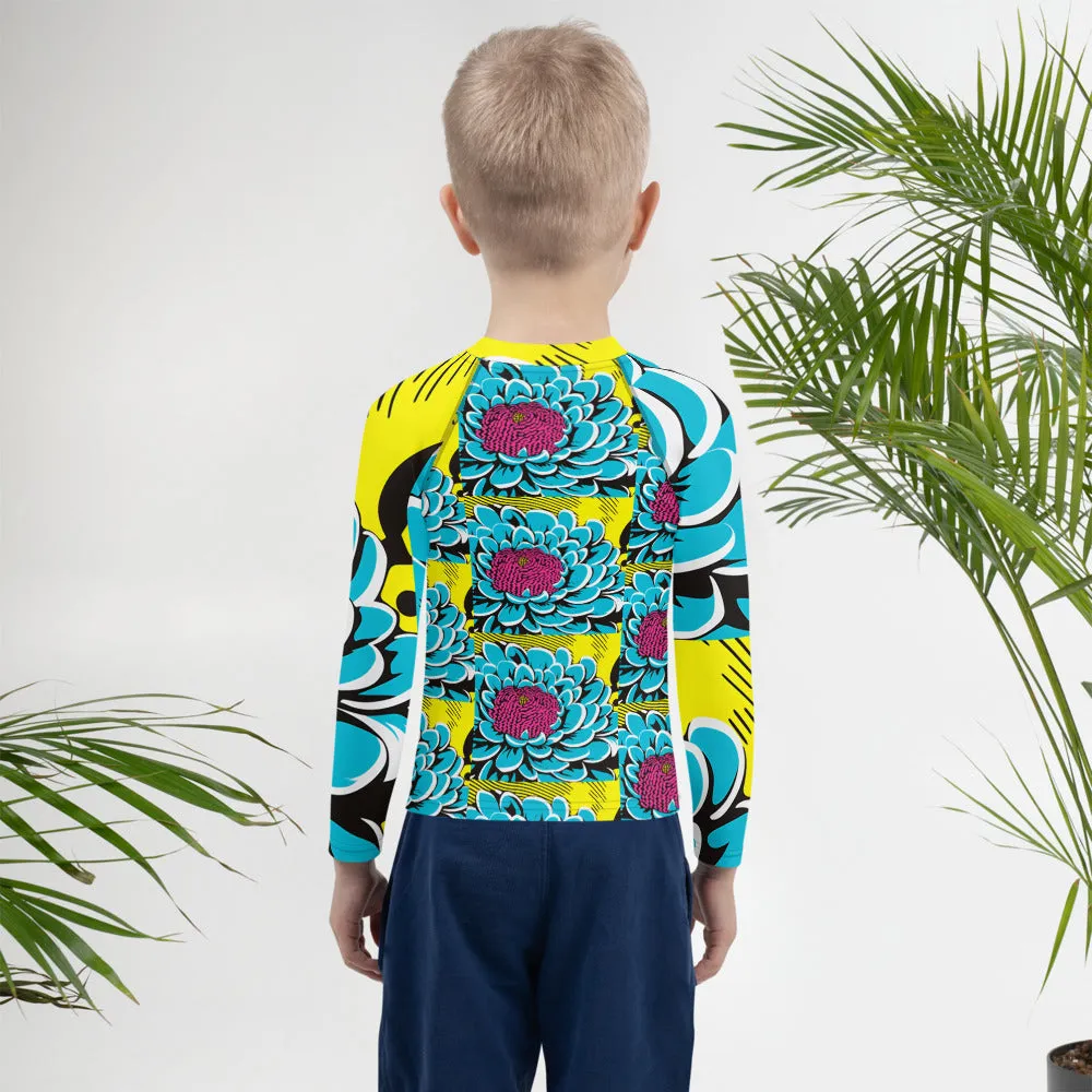 Boy's Pop Art BJJ Long Sleeve Rash Guards - Roy Lichtenstein Inspired Dahlia Print 002