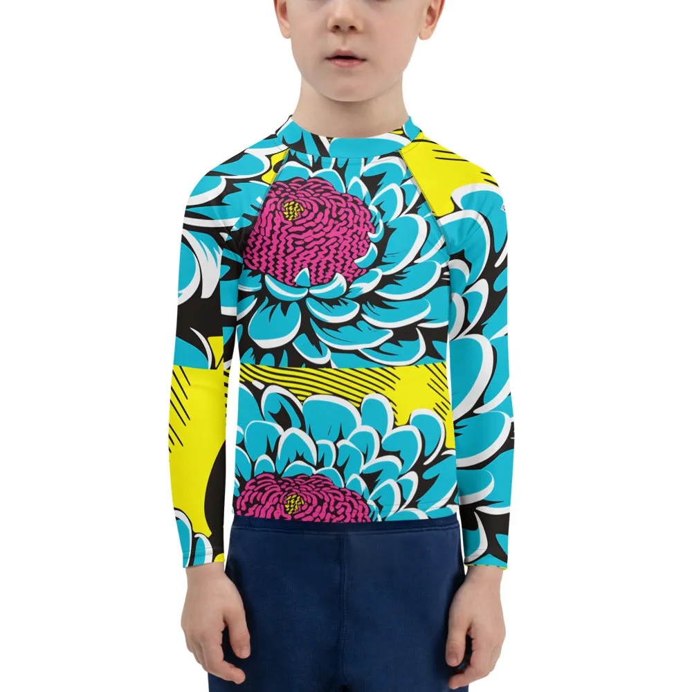 Boy's Pop Art BJJ Long Sleeve Rash Guards - Roy Lichtenstein Inspired Dahlia Print 002