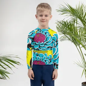 Boy's Pop Art BJJ Long Sleeve Rash Guards - Roy Lichtenstein Inspired Dahlia Print 002