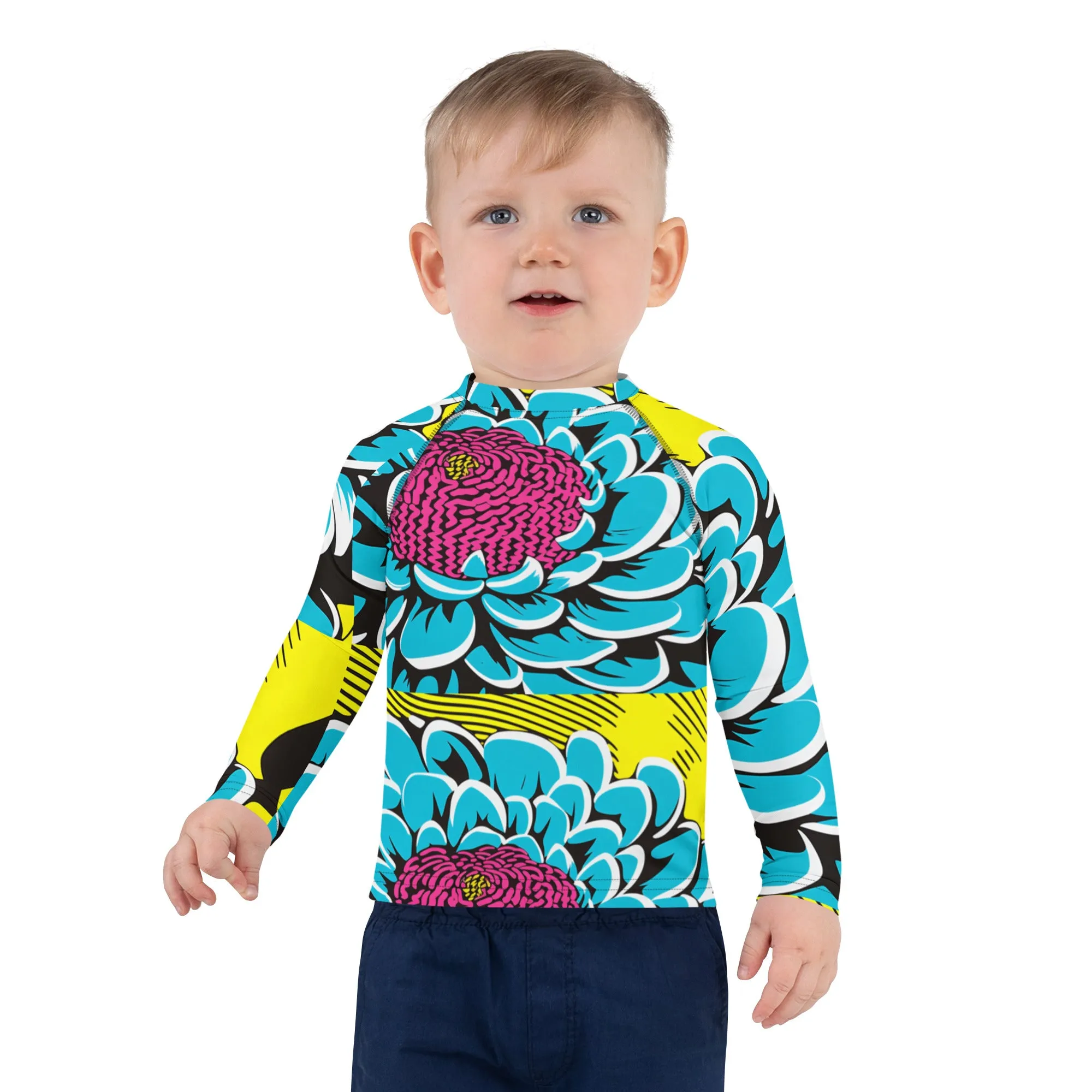 Boy's Pop Art BJJ Long Sleeve Rash Guards - Roy Lichtenstein Inspired Dahlia Print 002