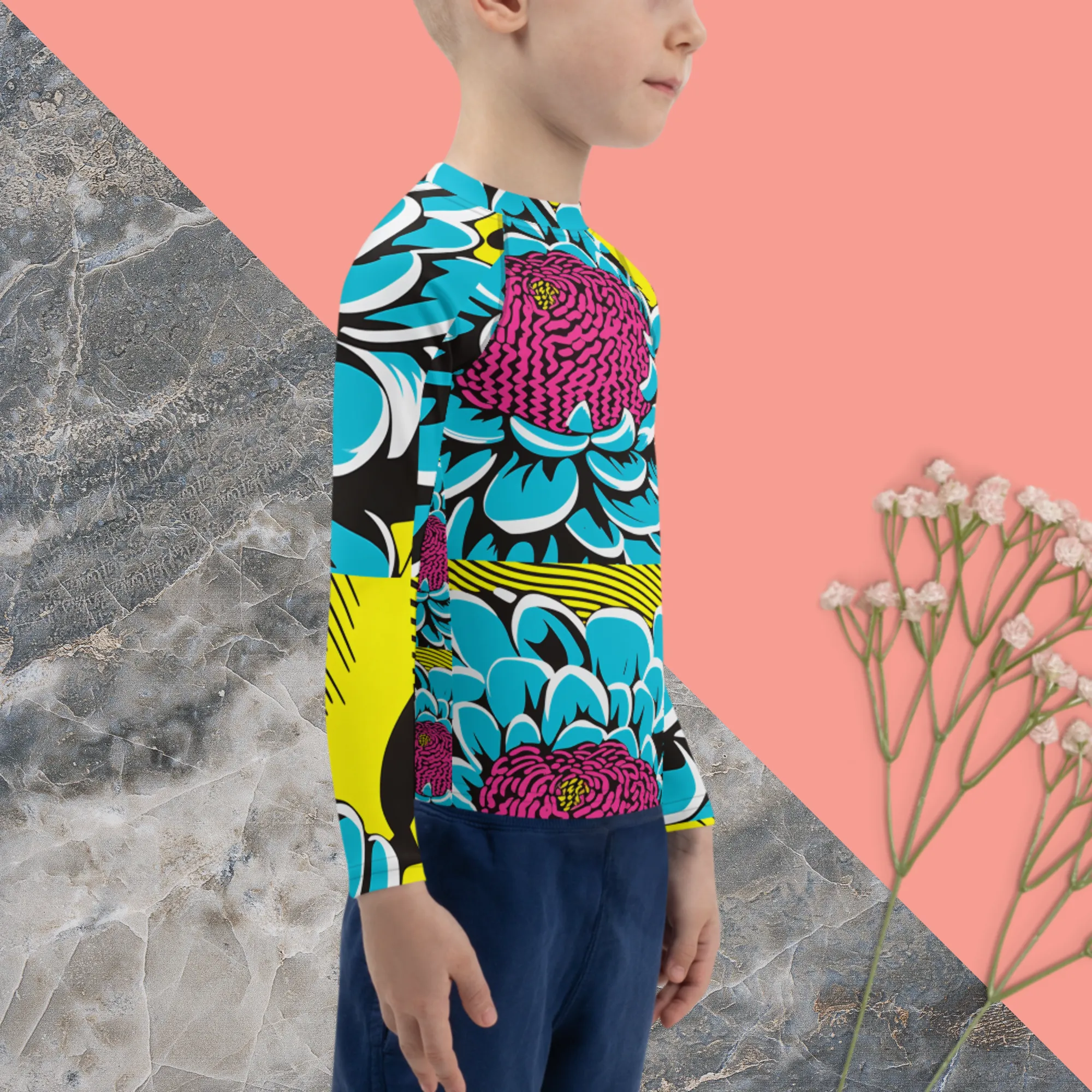 Boy's Pop Art BJJ Long Sleeve Rash Guards - Roy Lichtenstein Inspired Dahlia Print 002