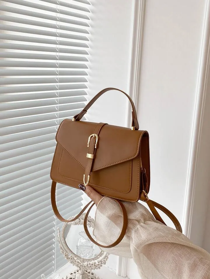 Buckle decor flap square bag in brown