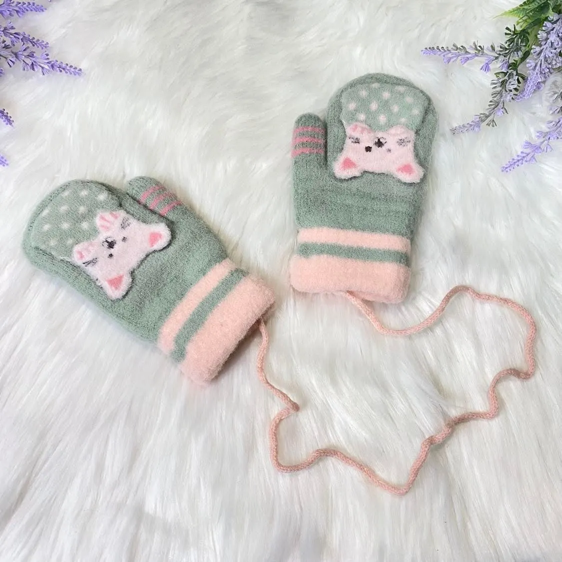 Cat Unisex Kids Winter Mitten with String