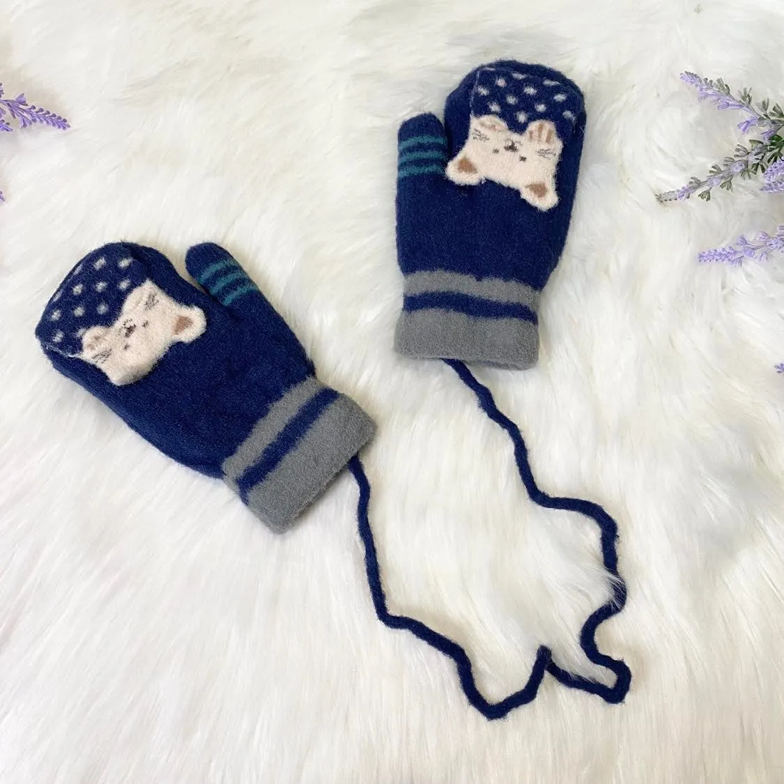 Cat Unisex Kids Winter Mitten with String