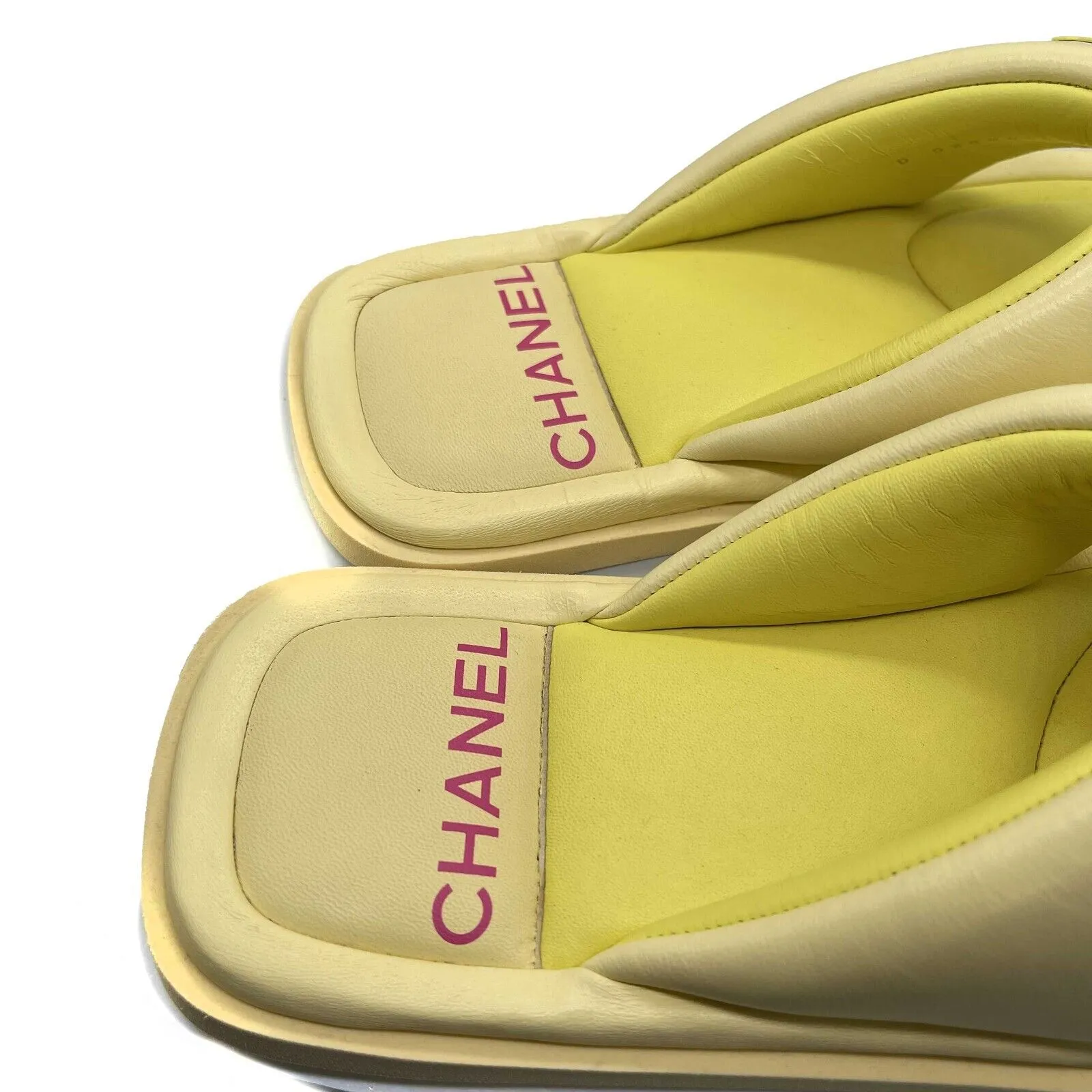 Chanel Lambskin Padded Pool Thong Sandals Yellow 38 US 8 Flip Flop Very Good