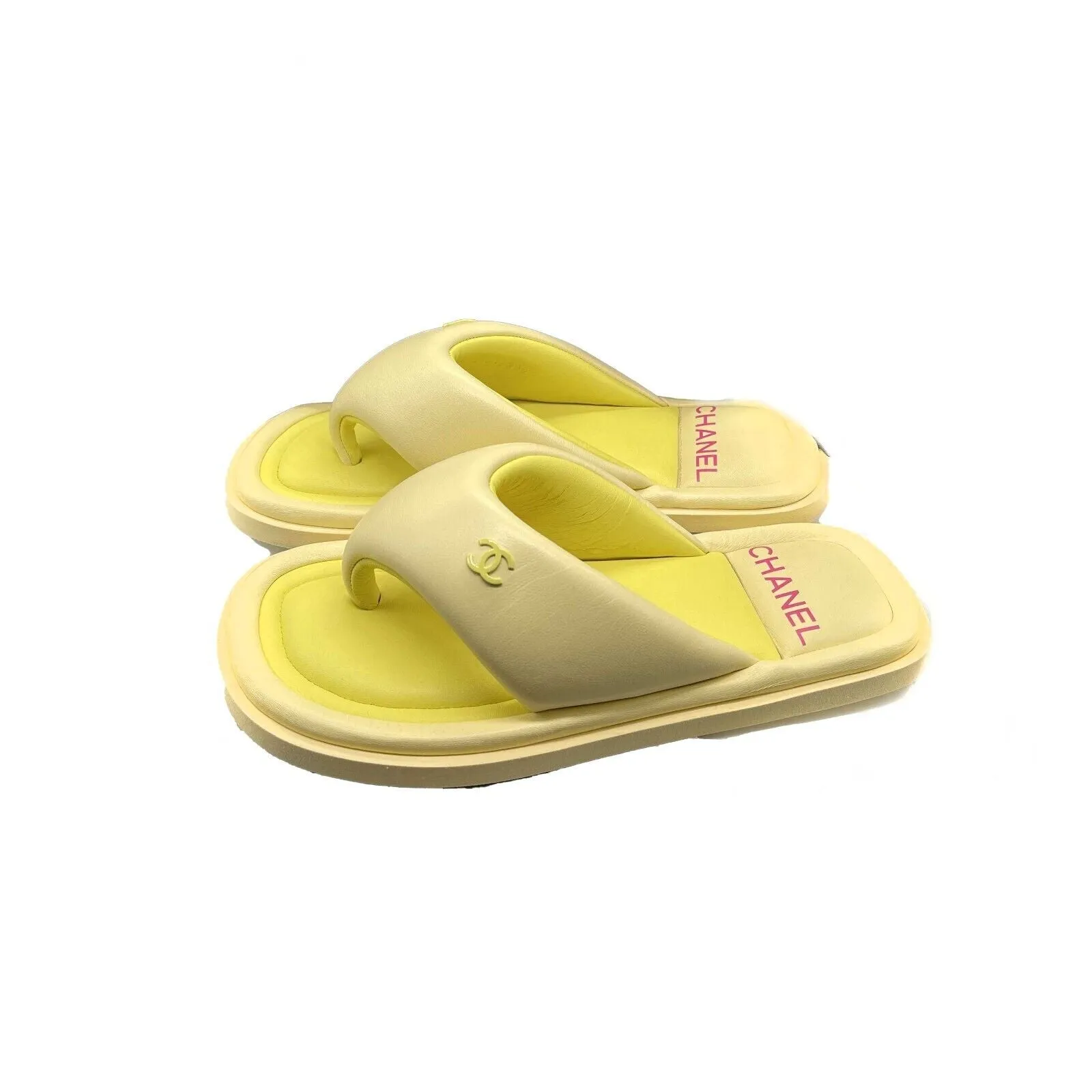 Chanel Lambskin Padded Pool Thong Sandals Yellow 38 US 8 Flip Flop Very Good