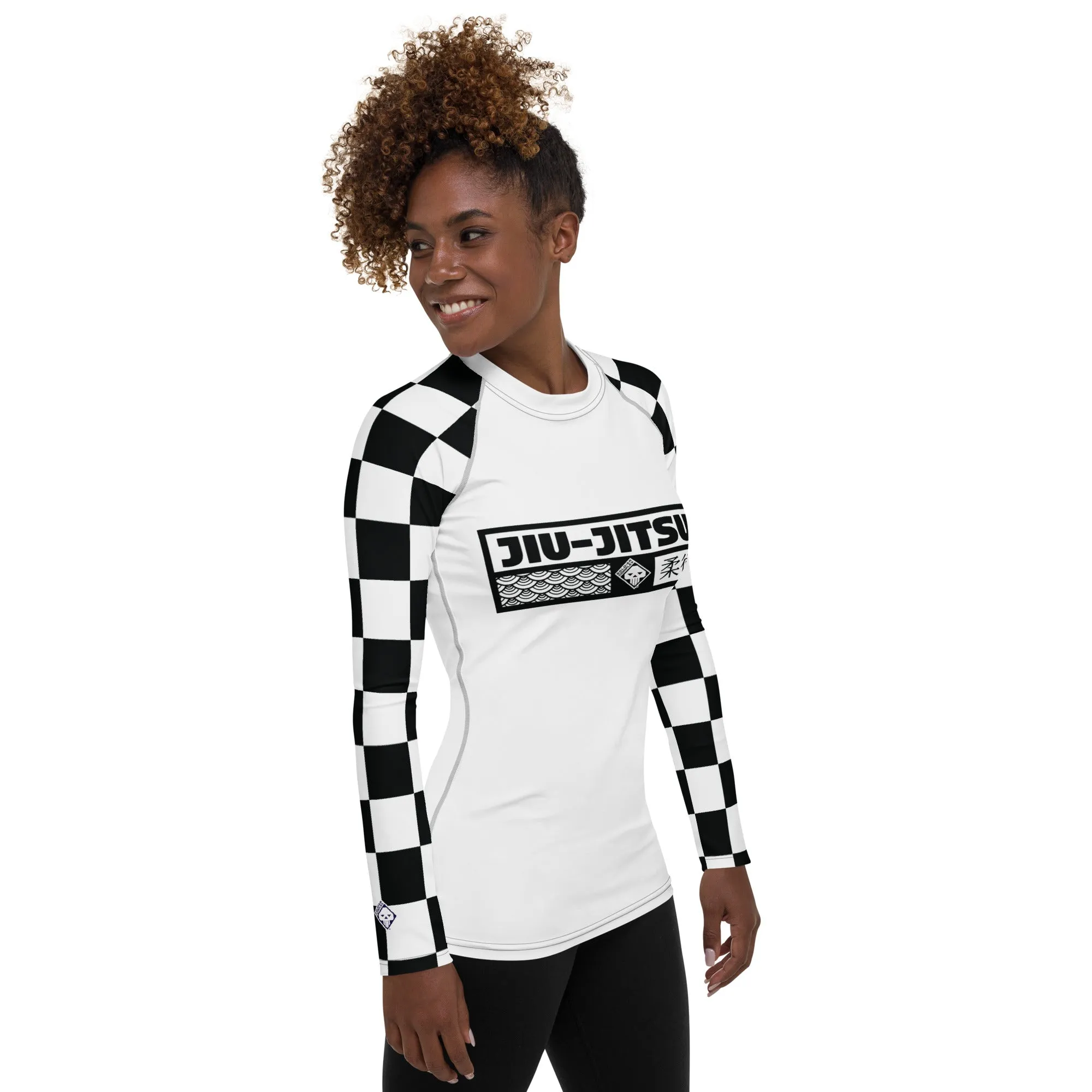 Checkered Charm: Women's Long Sleeve BJJ Rash Guard for Style and Safety - Blanc Jiu-Jitsu