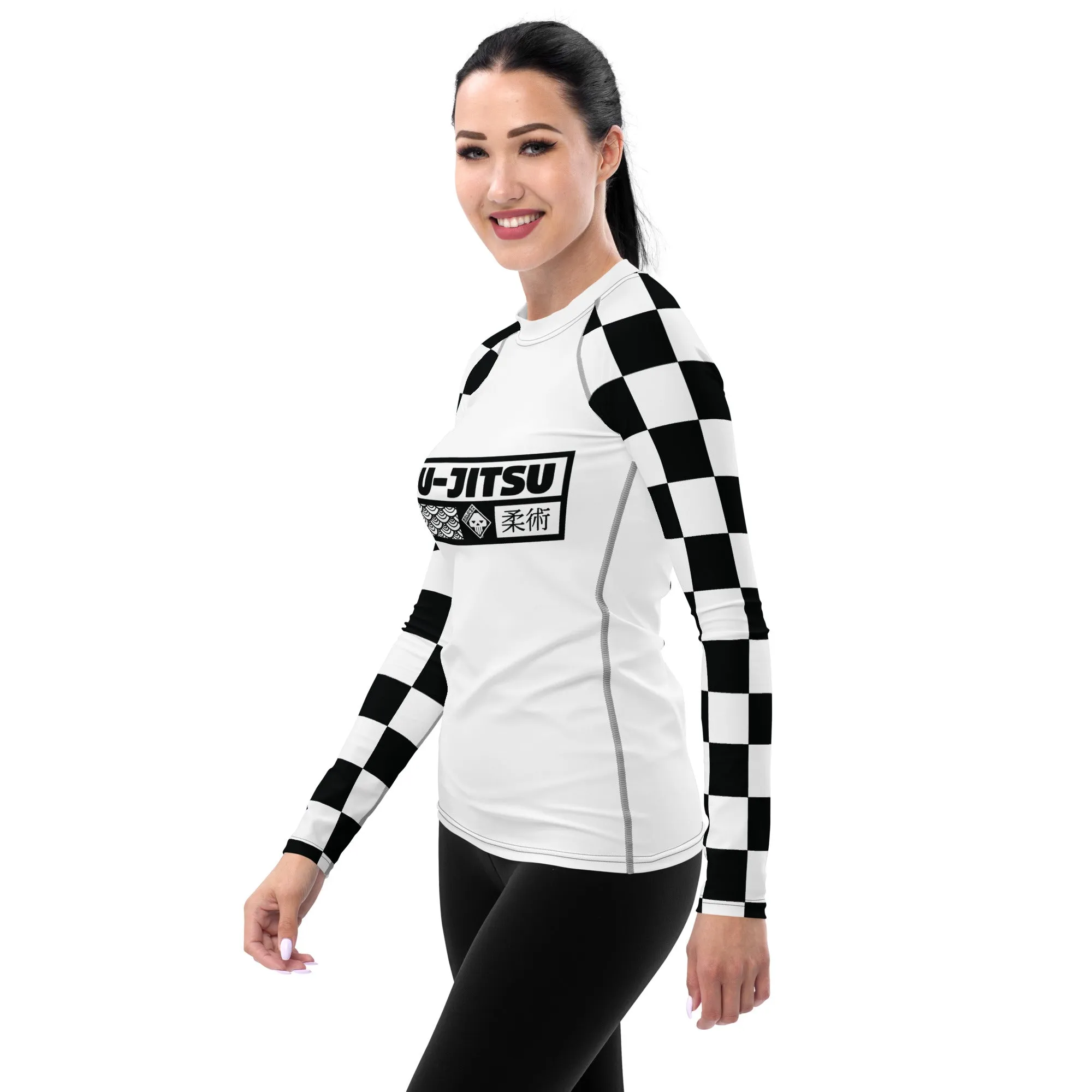 Checkered Charm: Women's Long Sleeve BJJ Rash Guard for Style and Safety - Blanc Jiu-Jitsu