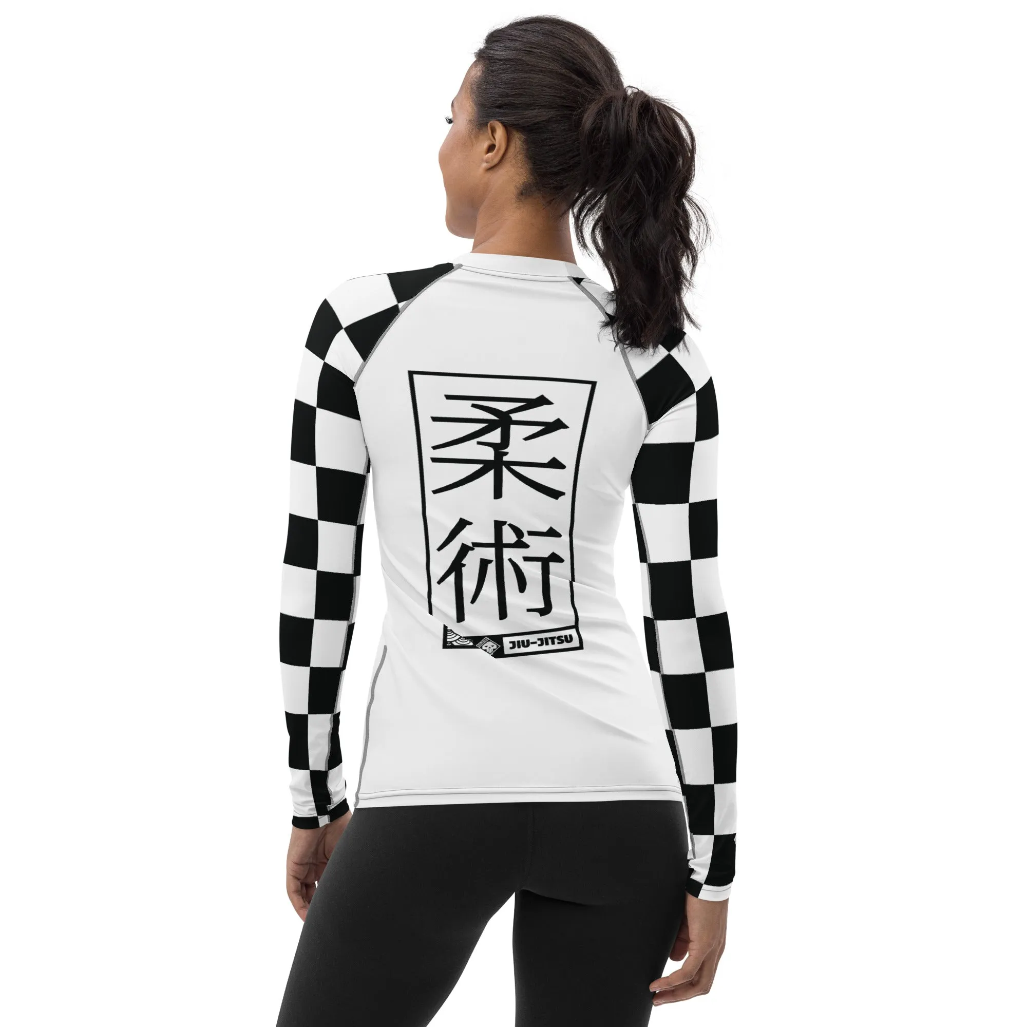 Checkered Charm: Women's Long Sleeve BJJ Rash Guard for Style and Safety - Blanc Jiu-Jitsu