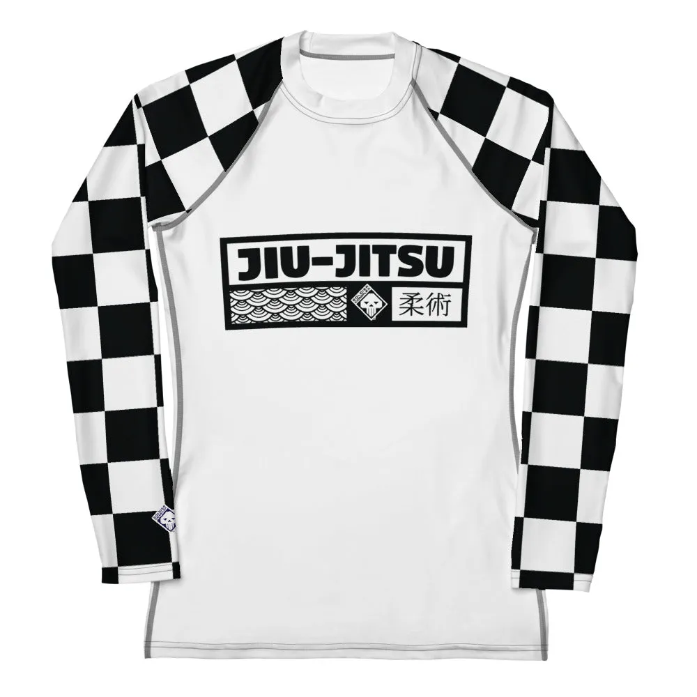 Checkered Charm: Women's Long Sleeve BJJ Rash Guard for Style and Safety - Blanc Jiu-Jitsu